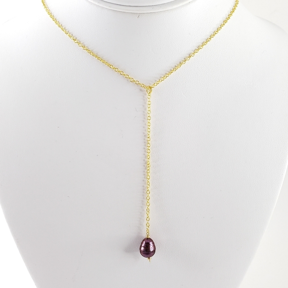 Y necklace pendant genuine pearl 18k GP chain purple magenta wine orchid violet